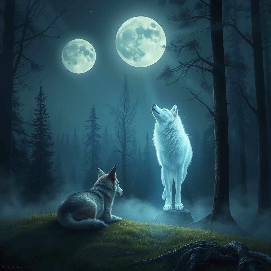 Radiant Wolf Spirit Emerges in Moonlit Glade