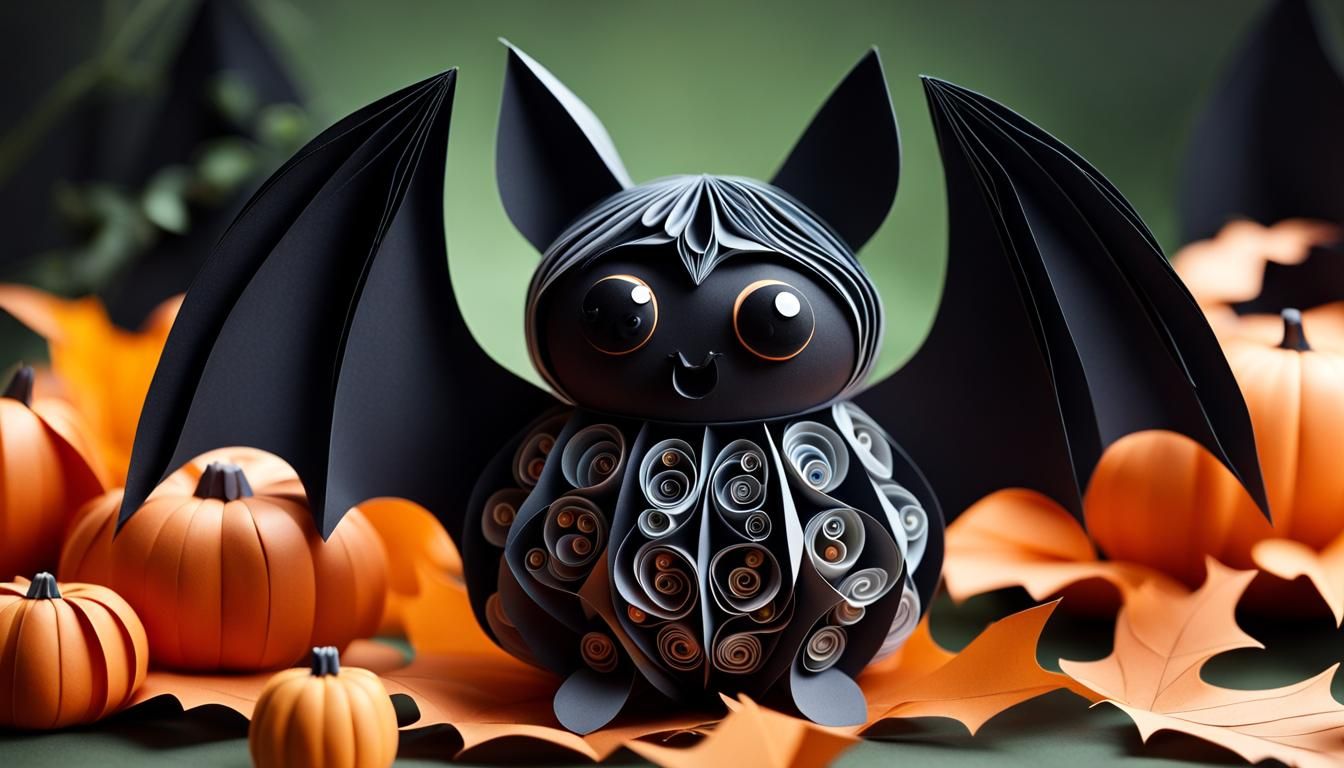 Cute Paper Bat in Pumpkin Patch, Pop Surrealism