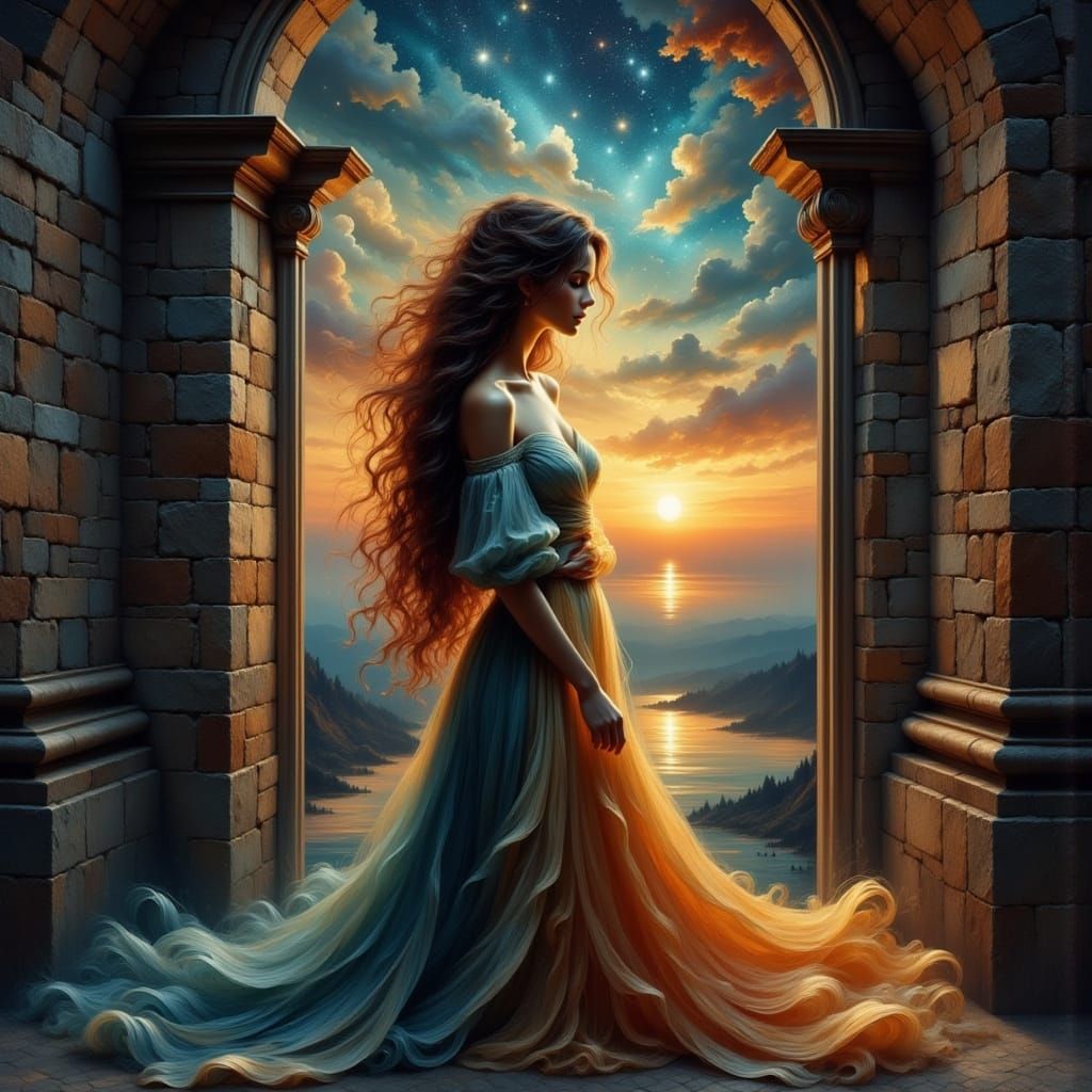 Ethereal Fantasy Scene of Golden-Haired Girl Under Moonlight