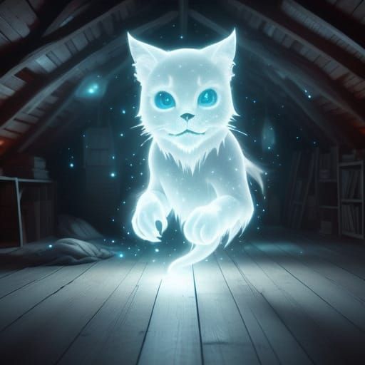 Whimsical Ghost Cat in a Dreamy, Ethereal Scene