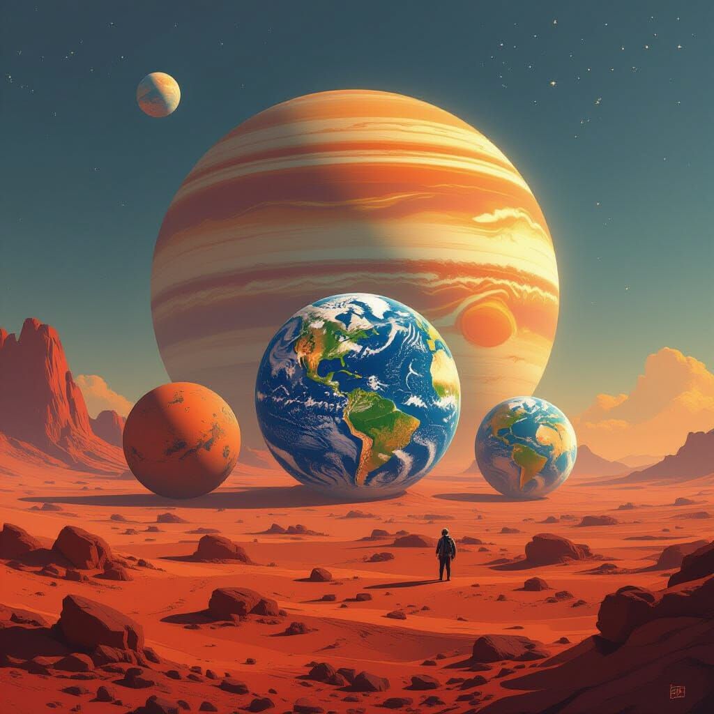 Mars, Earth, and Venus Size Comparison as Digital Art