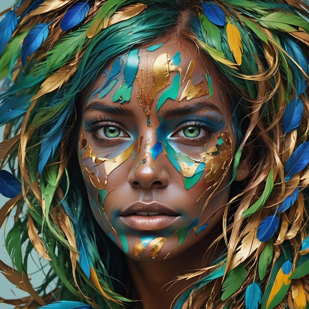 Abstract Portrait: Metallic Woman with Colorful Feathers