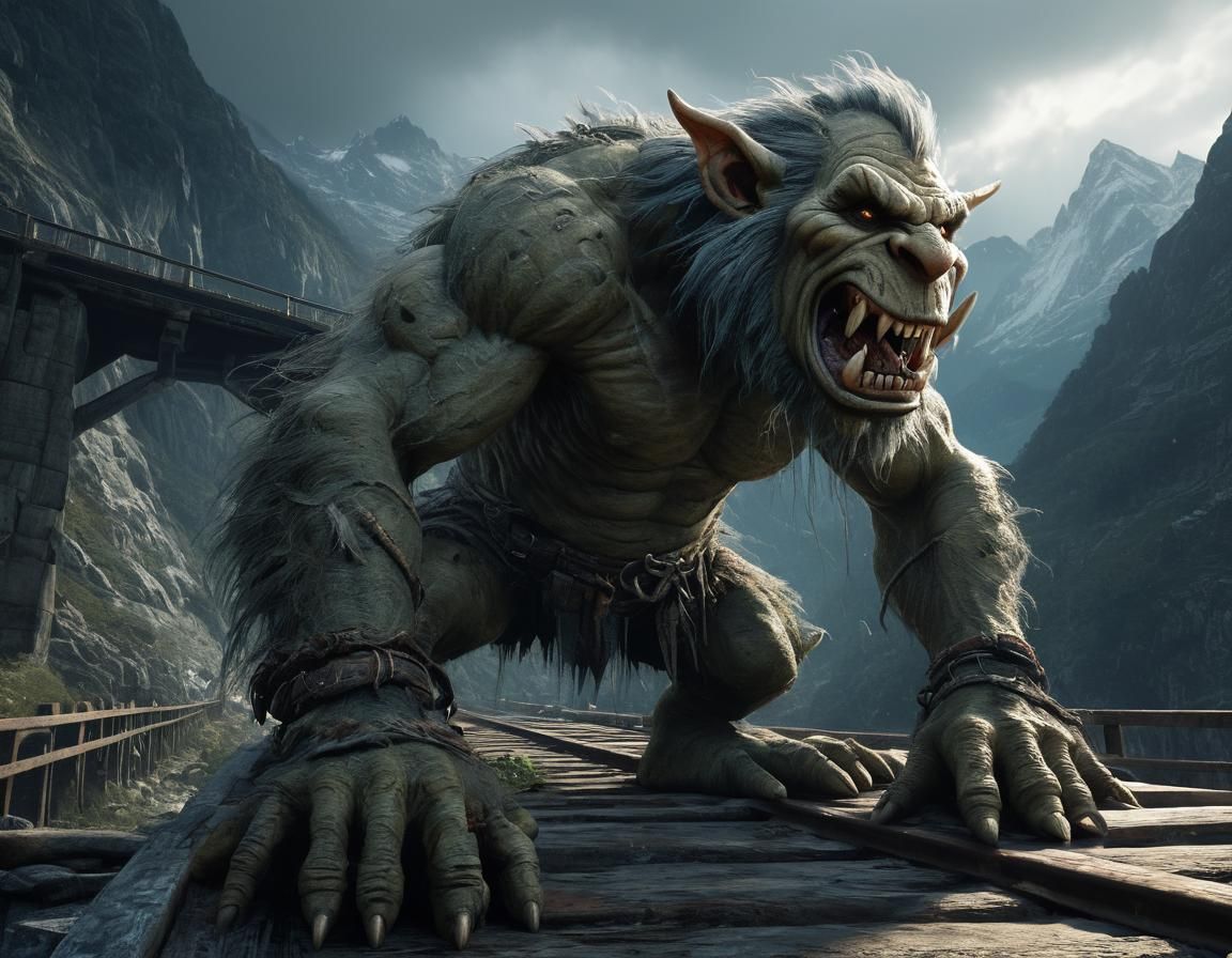 fierce snarling troll sitting under a bridge waiting for a c...