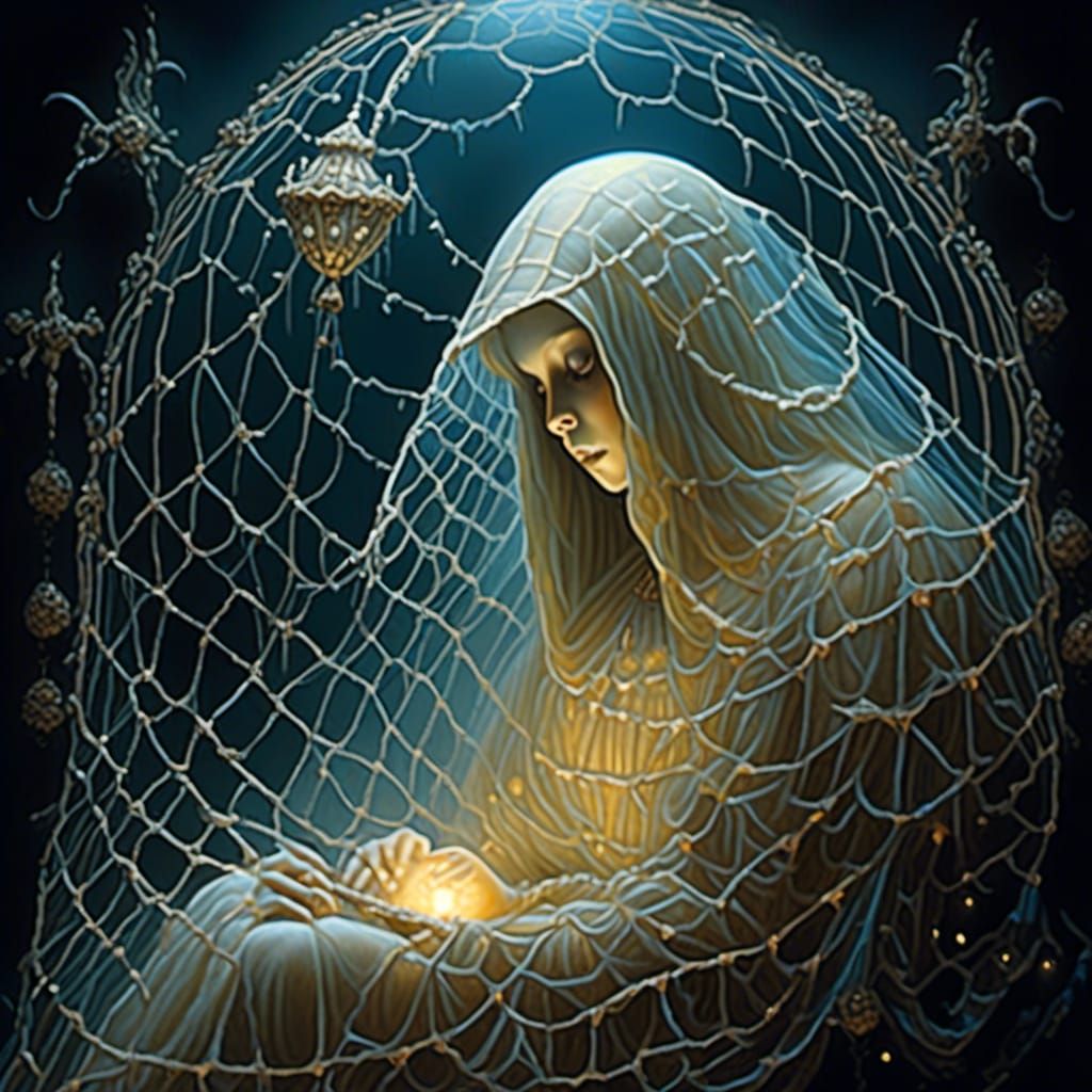 Gothic Airbrush Painting of Glowing Creature in Net