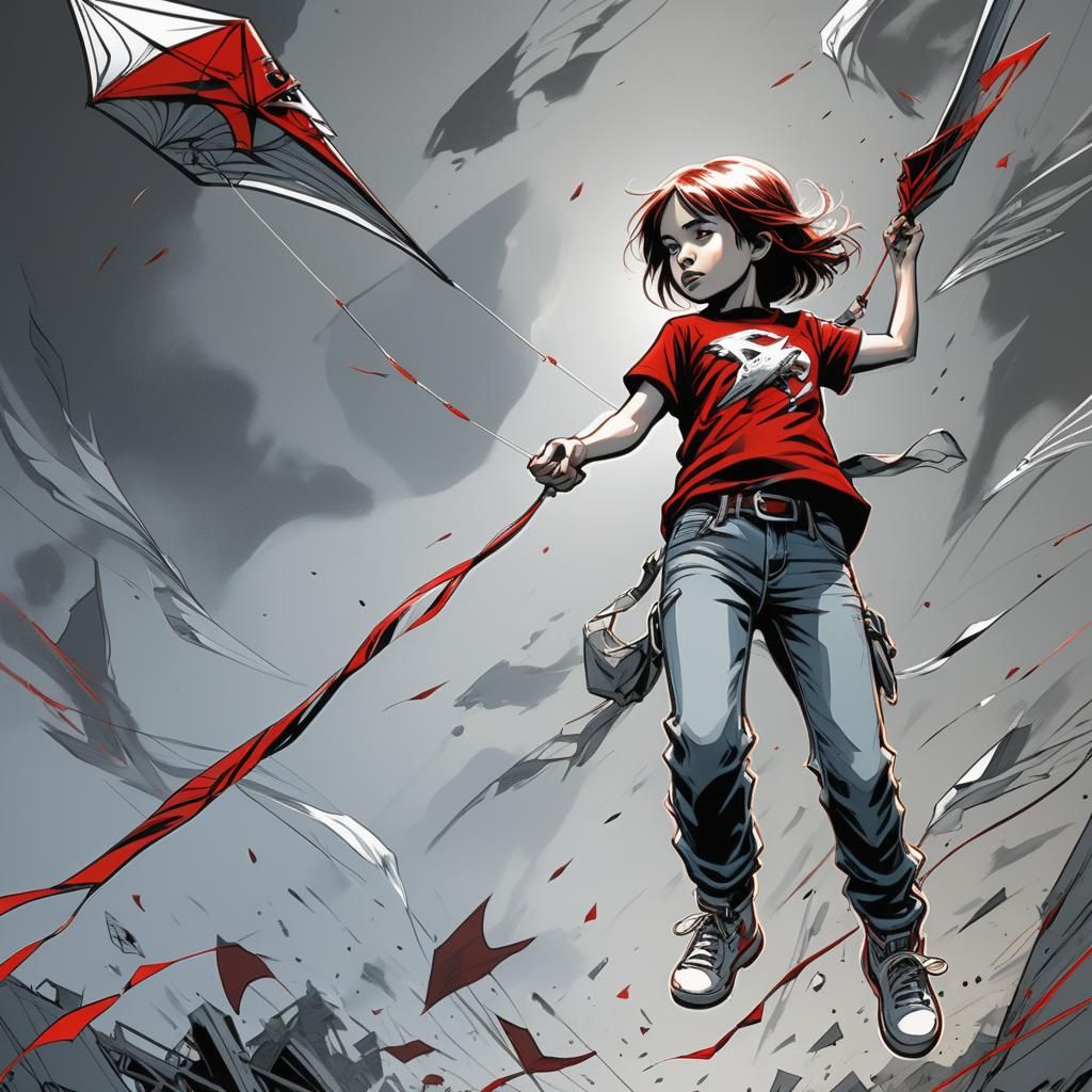 Girl with Red Kite in Comic Book Style