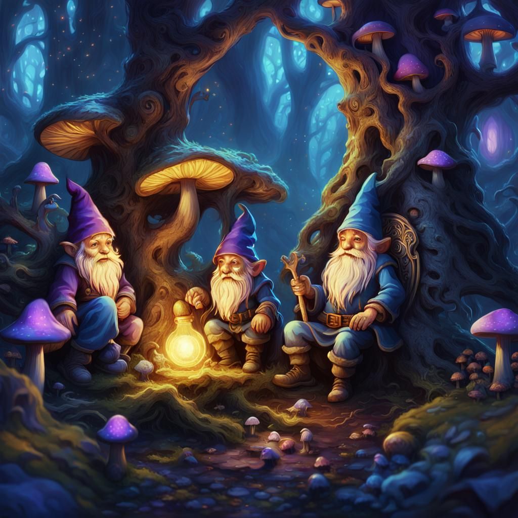 Gnomes Gathered Around Ancient Tree in Forest