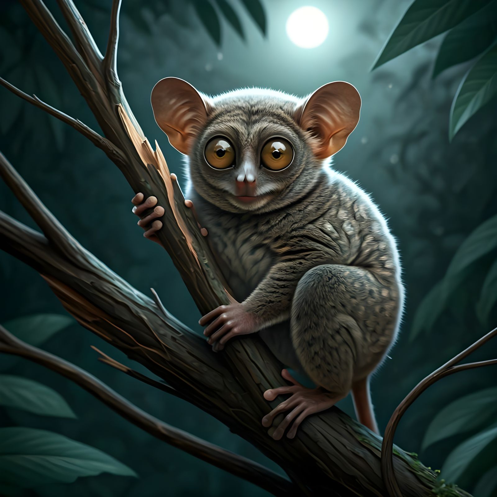 Nocturnal Tarsier with Oversized Eyes Grasps Moonlit Branch