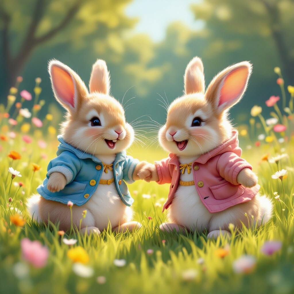 Playful Bunnies Laughing in Sunny Meadow