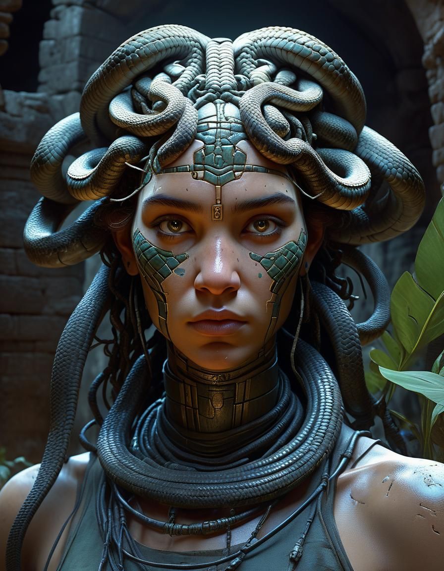 Young Medusa Portrait in Ancient Ruins, Detailed Art
