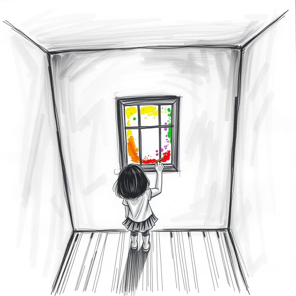 Girl Draws Colorful Window in Monochrome House