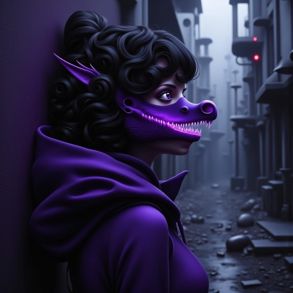 Ethereal Woman in LED Dragon Mask, Urban Mystique