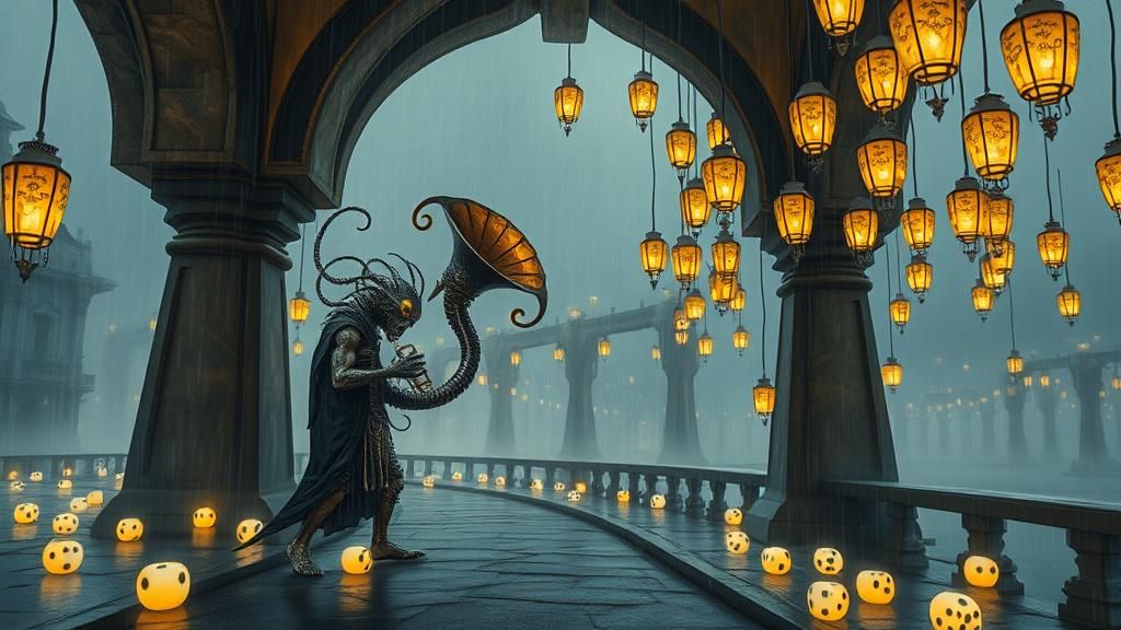 Demonic Figure Plays Tuba Under Ornate Bridge