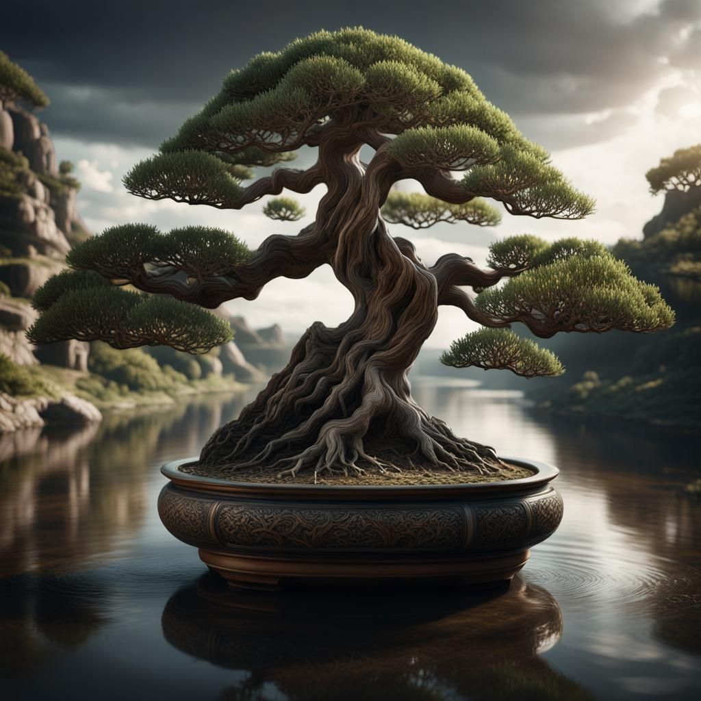 Bonsai Tree Between Rivers with Double Exposure Motifs