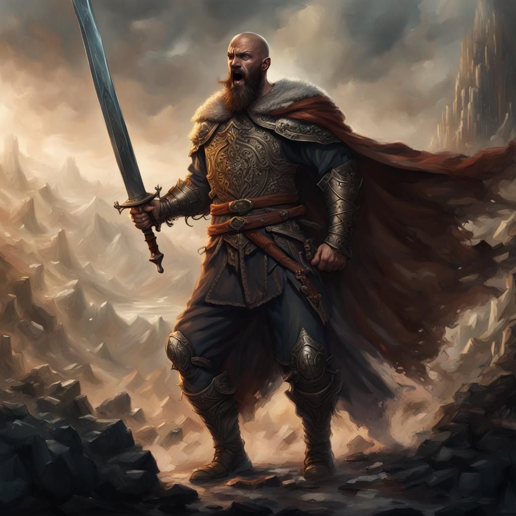 Fearsome Bald Warrior Screaming Defiance with Greatsword