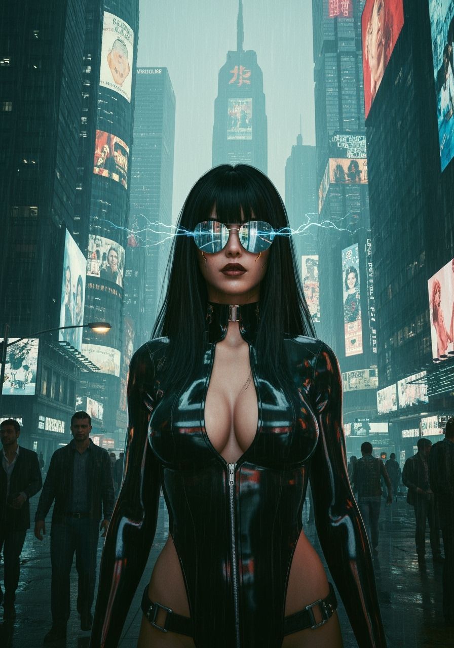 Cyberpunk Woman in Rainy Cityscape