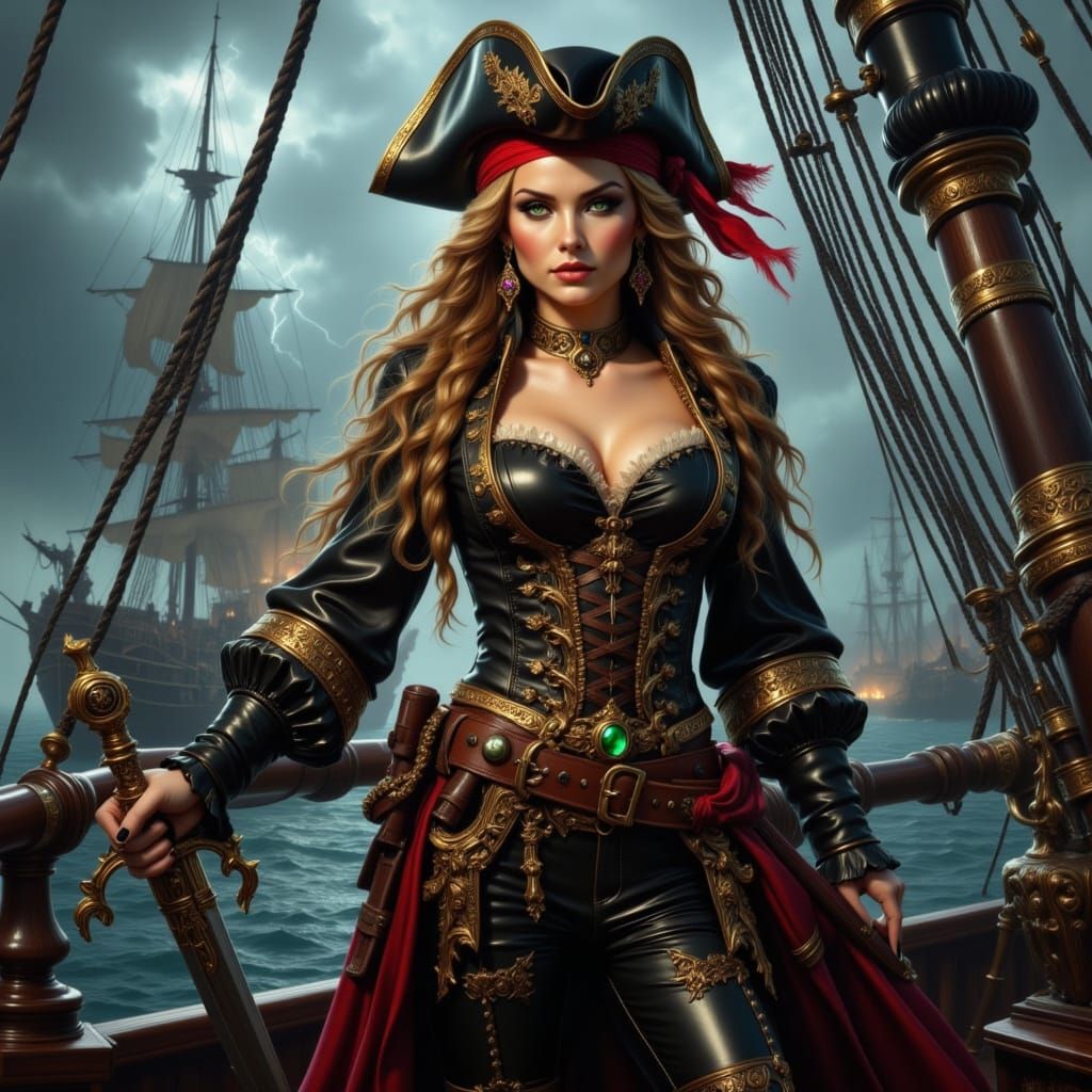 Hyperrealistic Pirate Woman on Galleon Deck