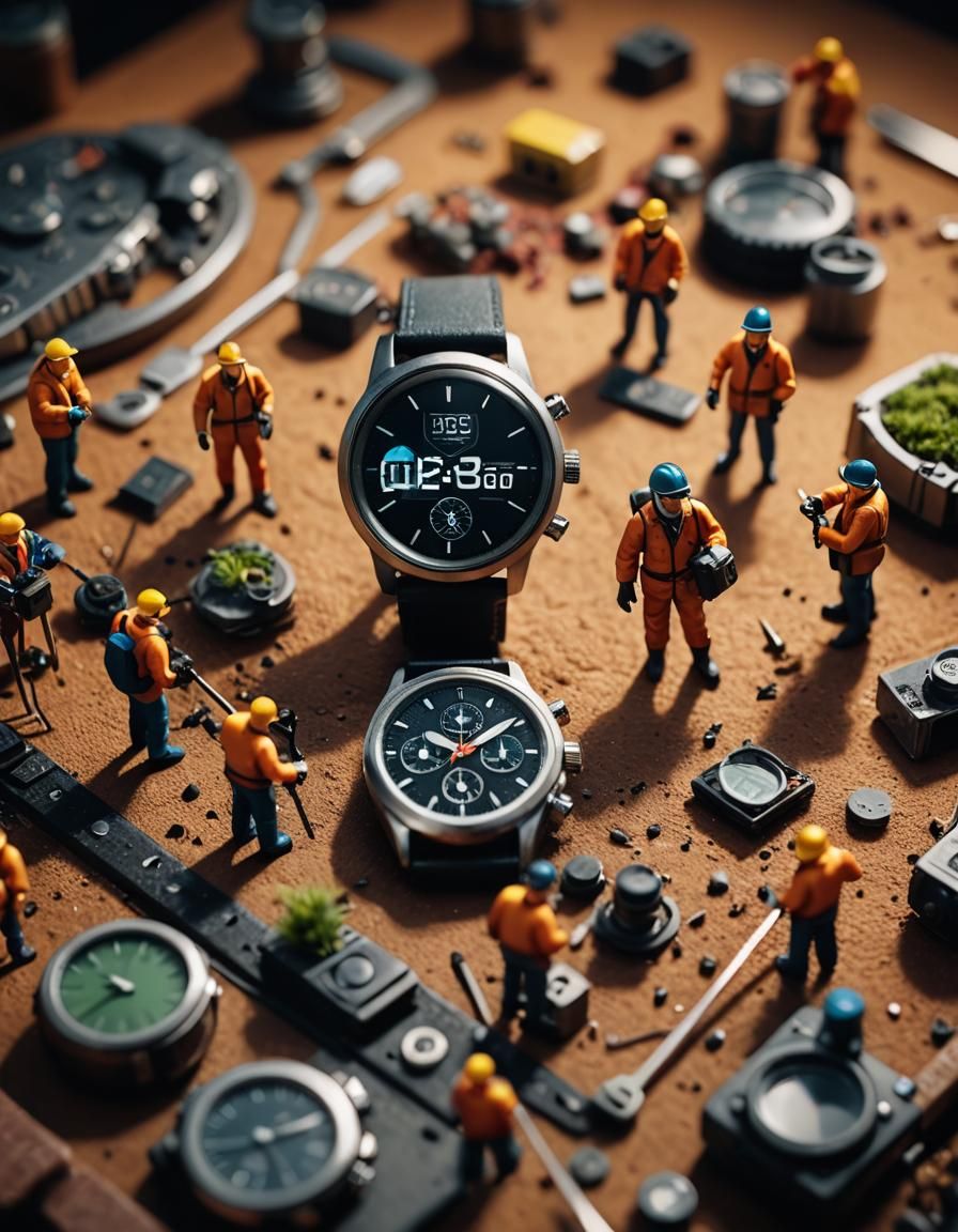 Miniature Workers Build Landscape on Smartwatch