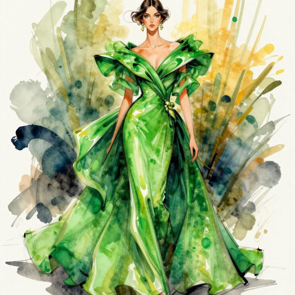 Dazzling Green Haute Couture Dress Fashion Illustration