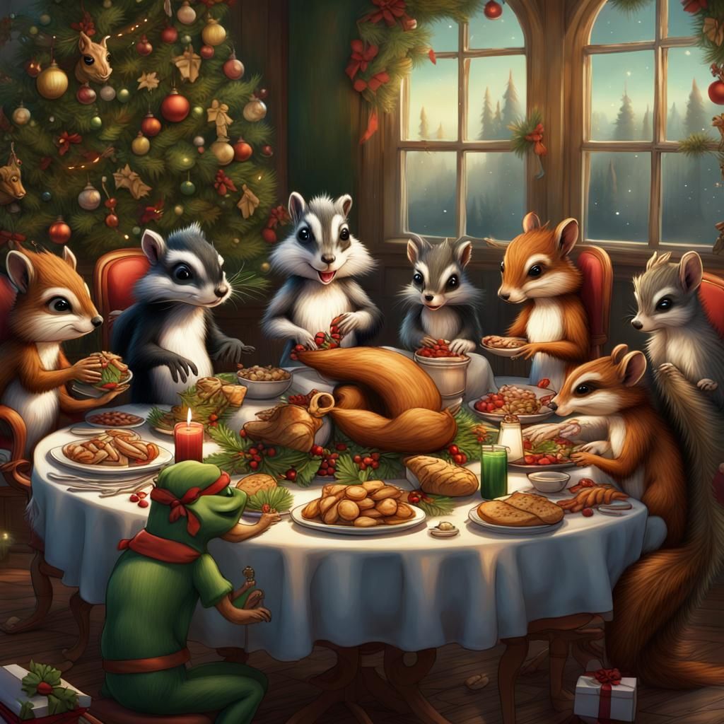 Cartoon Christmas Feast with Woodland Creatures