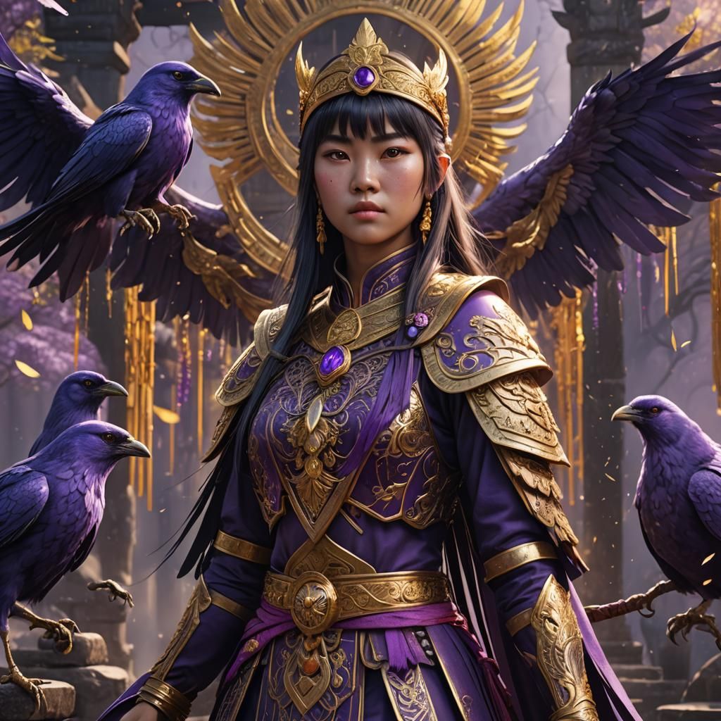 18 year old Vietnamese woman with fringe as the sparkling purple gold raven jewel samarai warrior