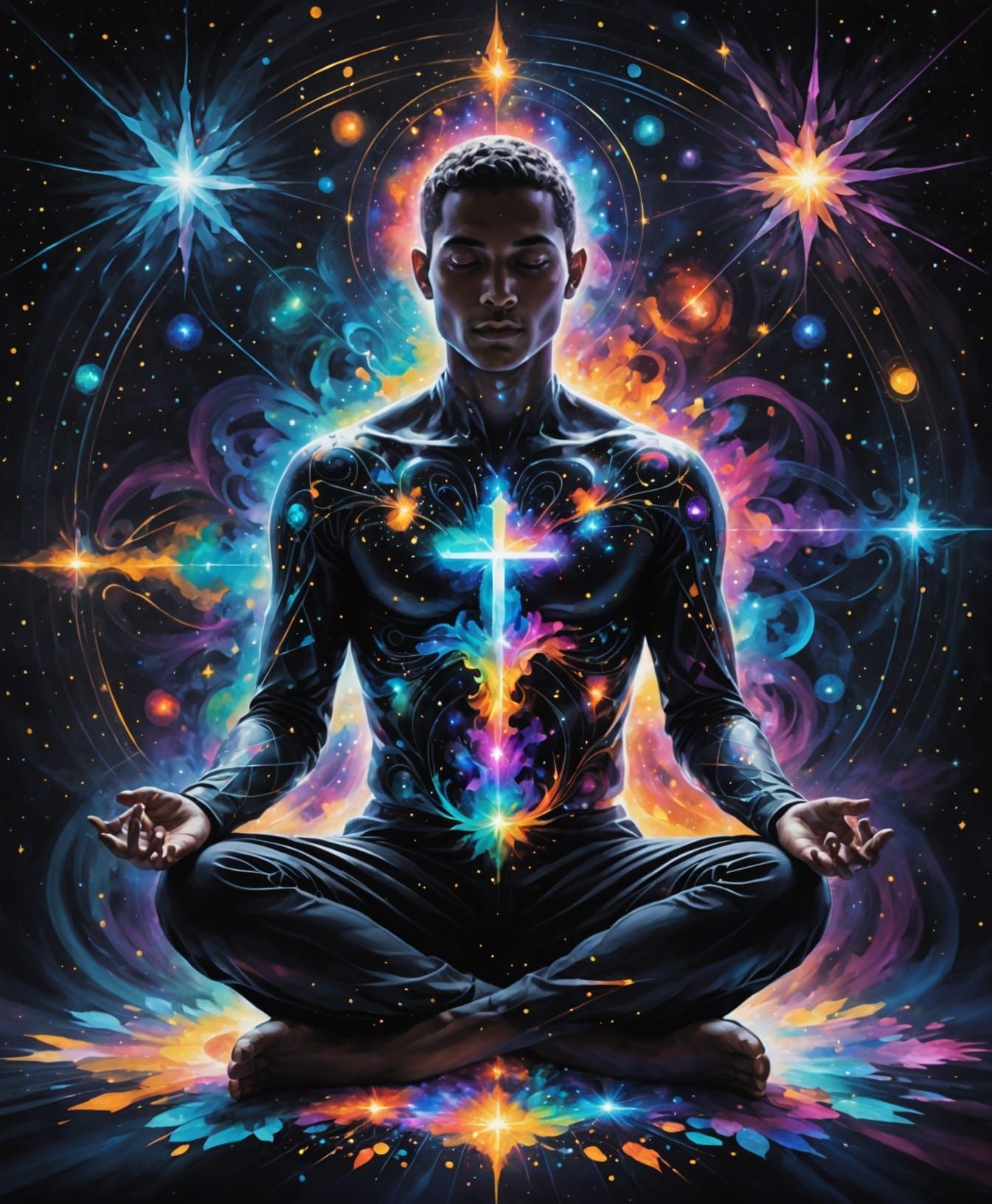 Cosmic Figure Meditation: Ethereal Glow in Celestial Art