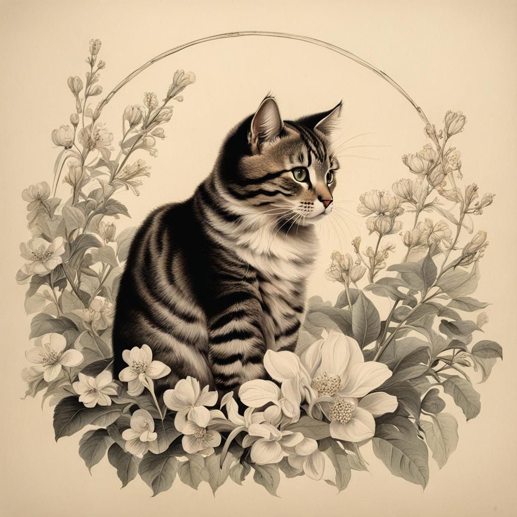 Cute Cat Surrounded by Flowers in Naturalist Style