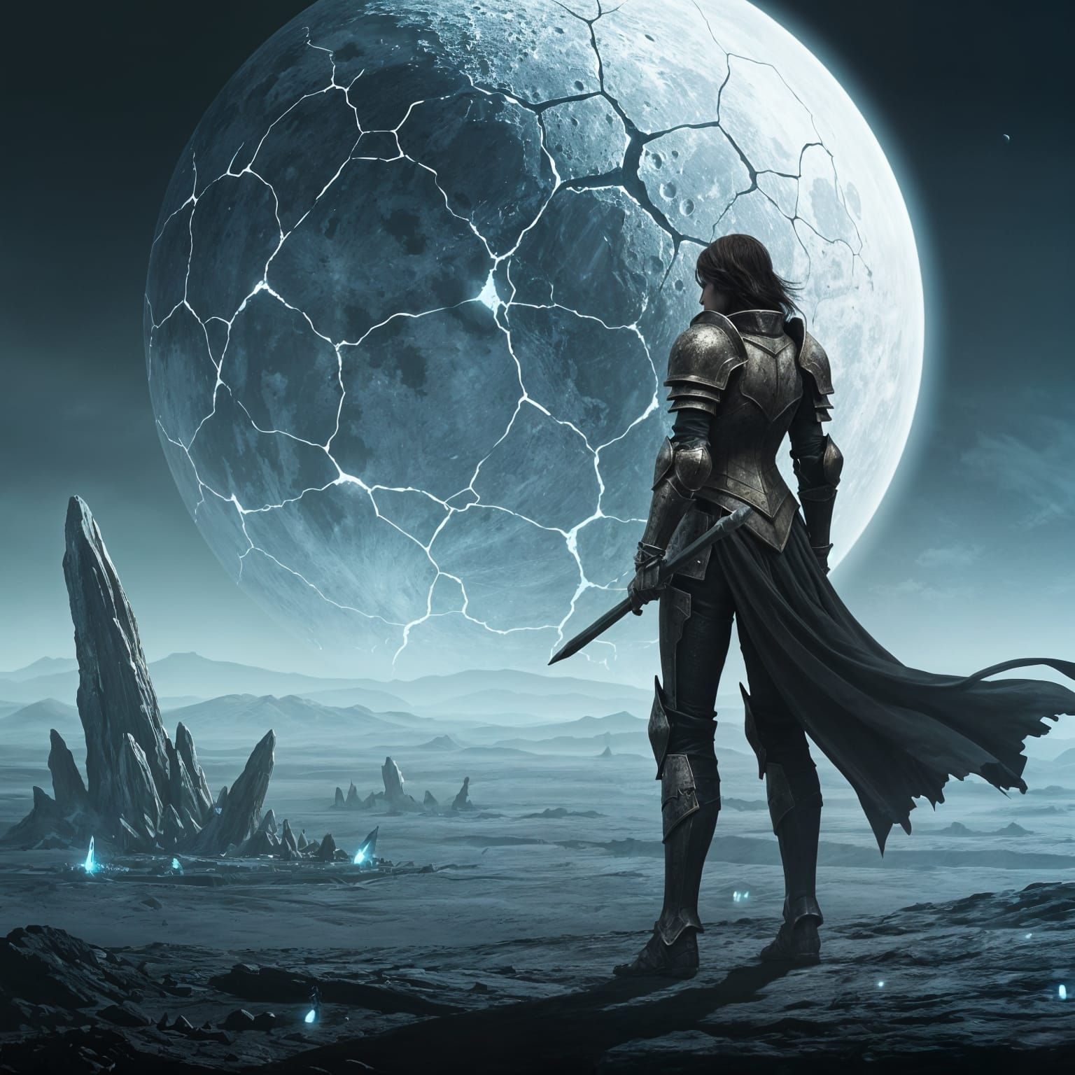Epic Fantasy Knight Stands Before Shattered Moon