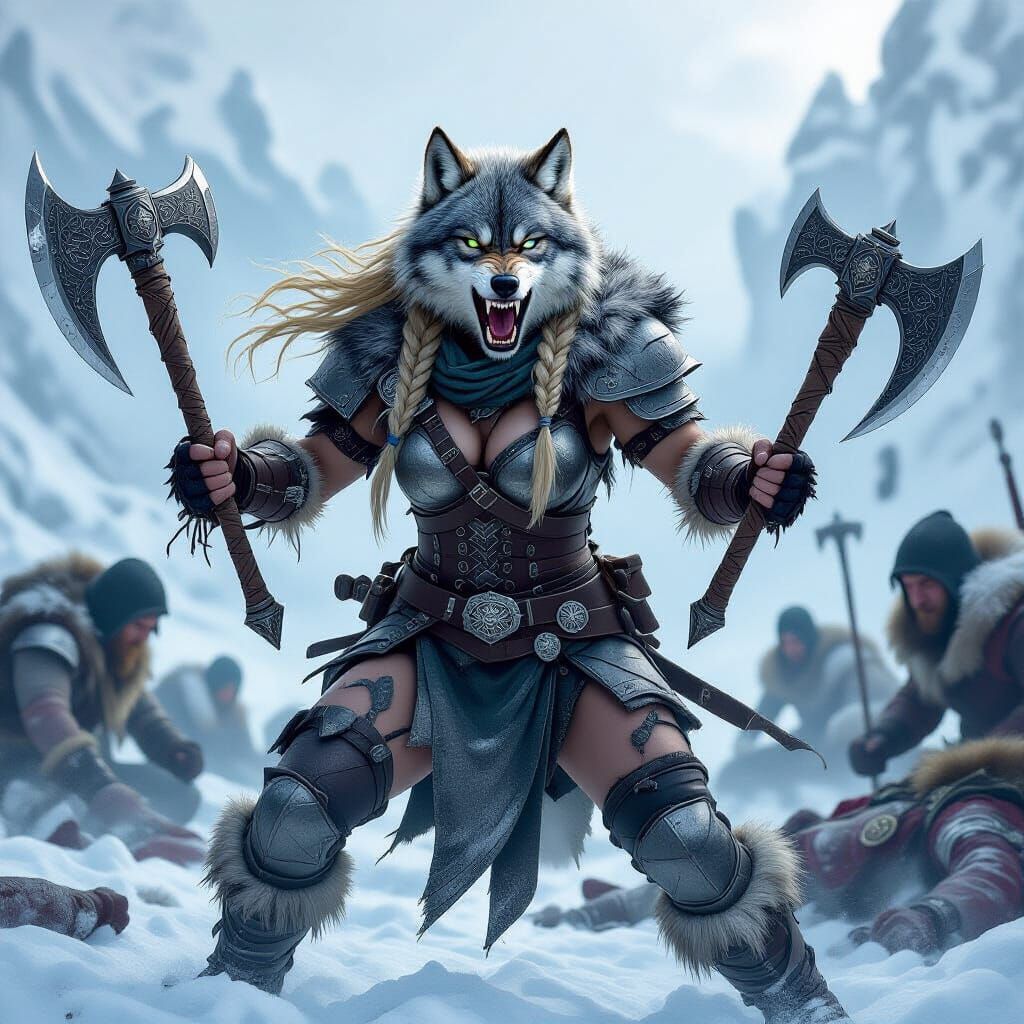 Fierce Wolf-Woman Warrior on a Frostbitten Battlefield