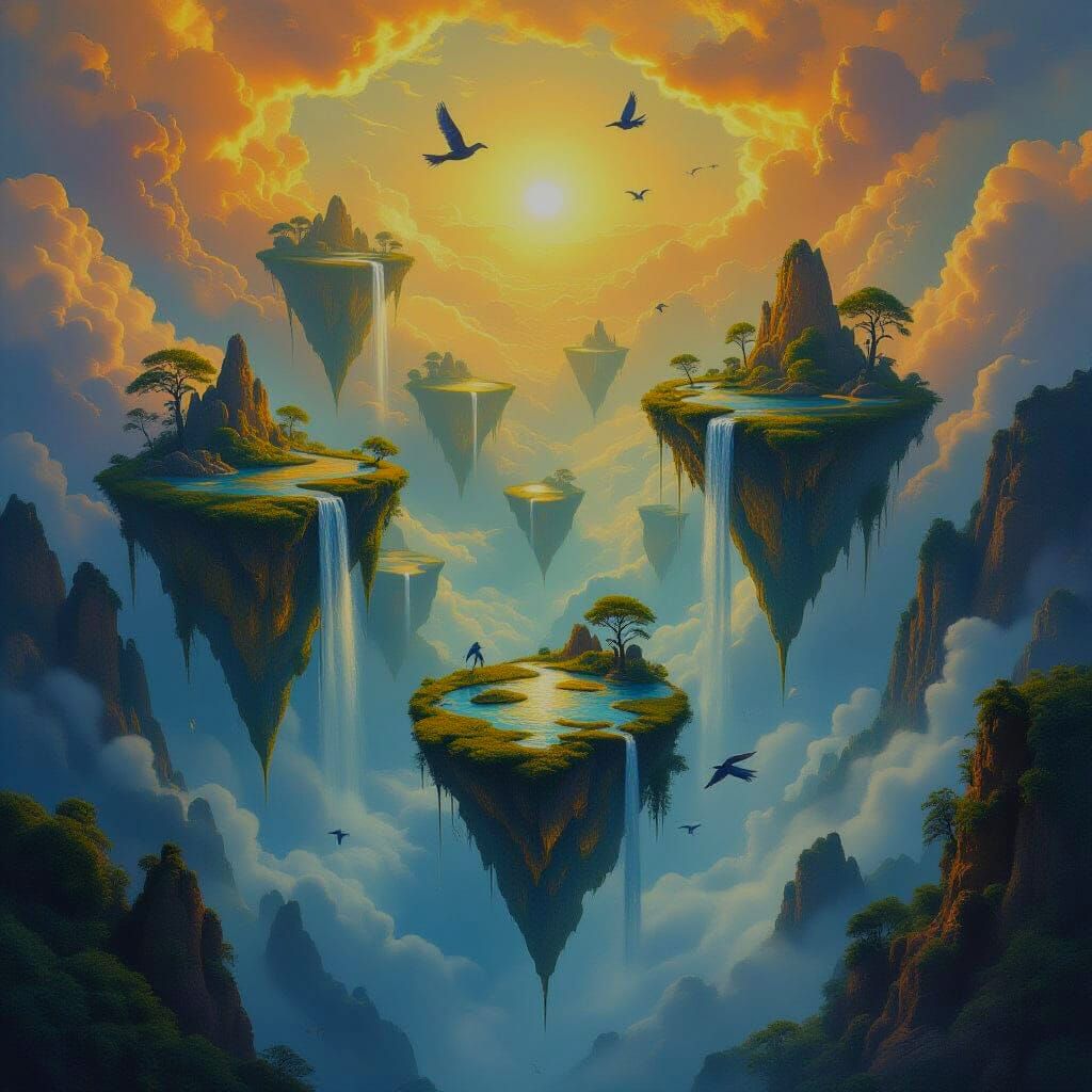 Surreal Floating Islands in Liquid Gold Sky