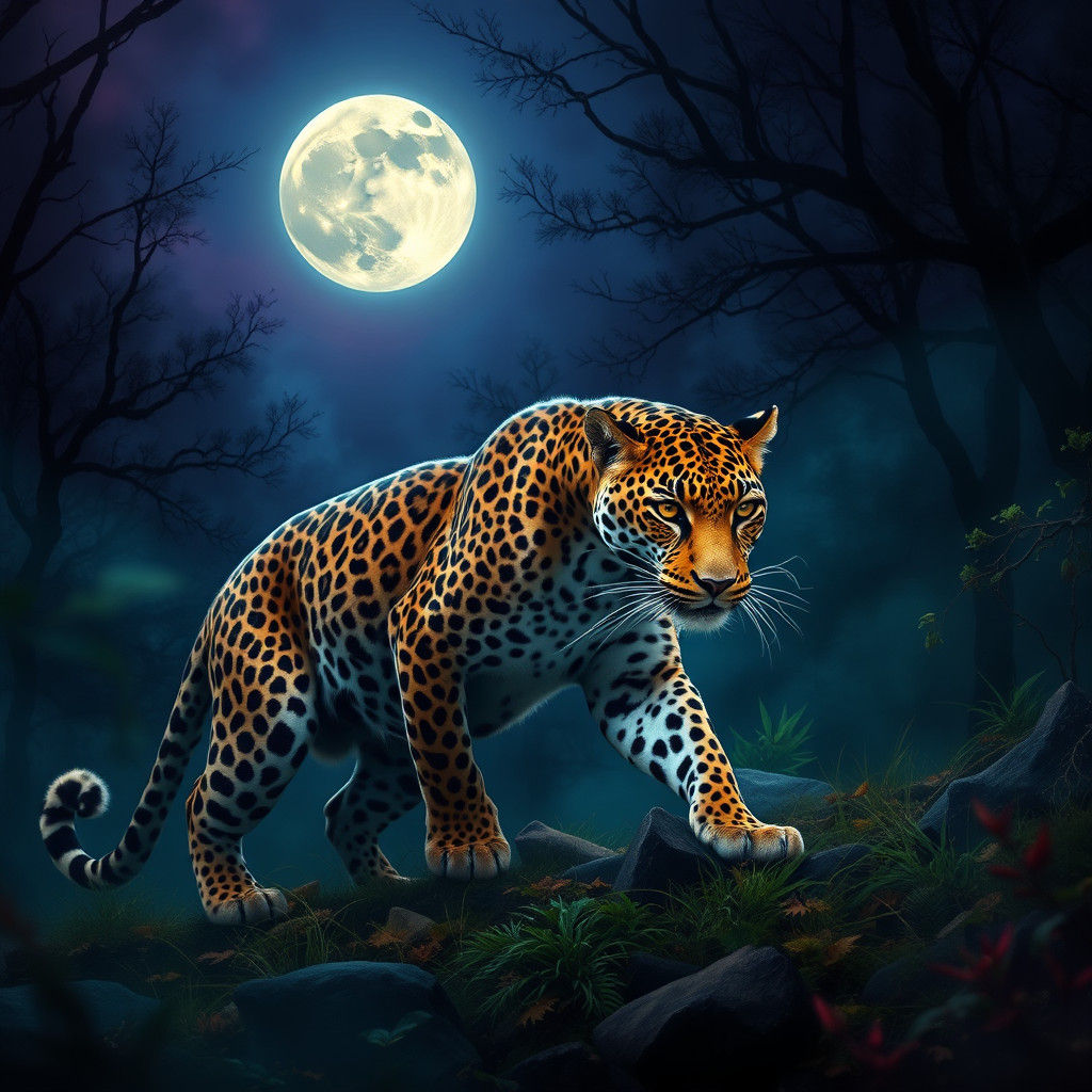 Lunar Leopard Stalking in Moonlit Forest