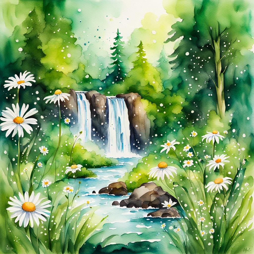 Watercolor Forest Scene with Waterfall and Flowers