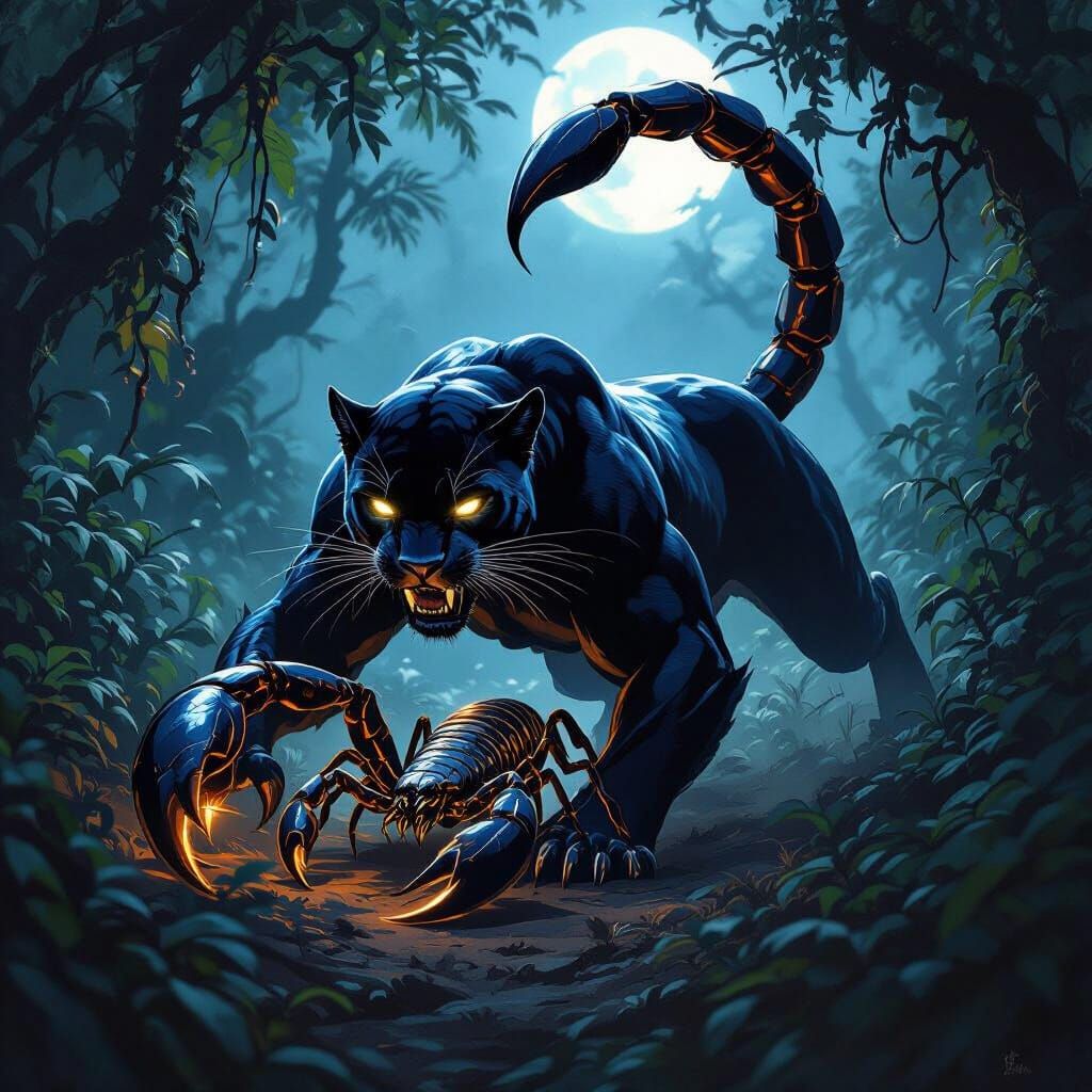 Black Panther Scorpion Hybrid in Moonlit Jungle