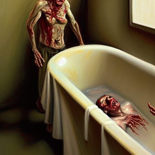 Zombie Bathtub: Oil Painting in James Gurney Style