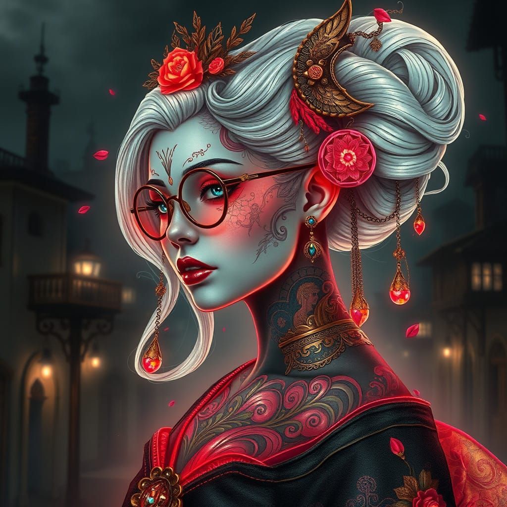 Ethereal Lady Godiva in Steampunk Cityscape with Biomechanic...