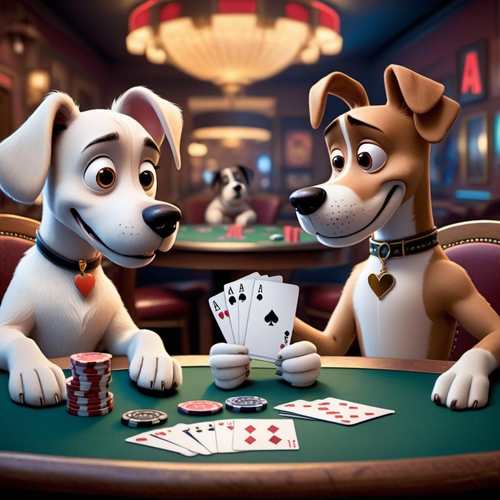 Disney Pixar style 3D two dogs, sitting at a table, playing cards, one holding an Ace and one holding a 9, poker chips o...