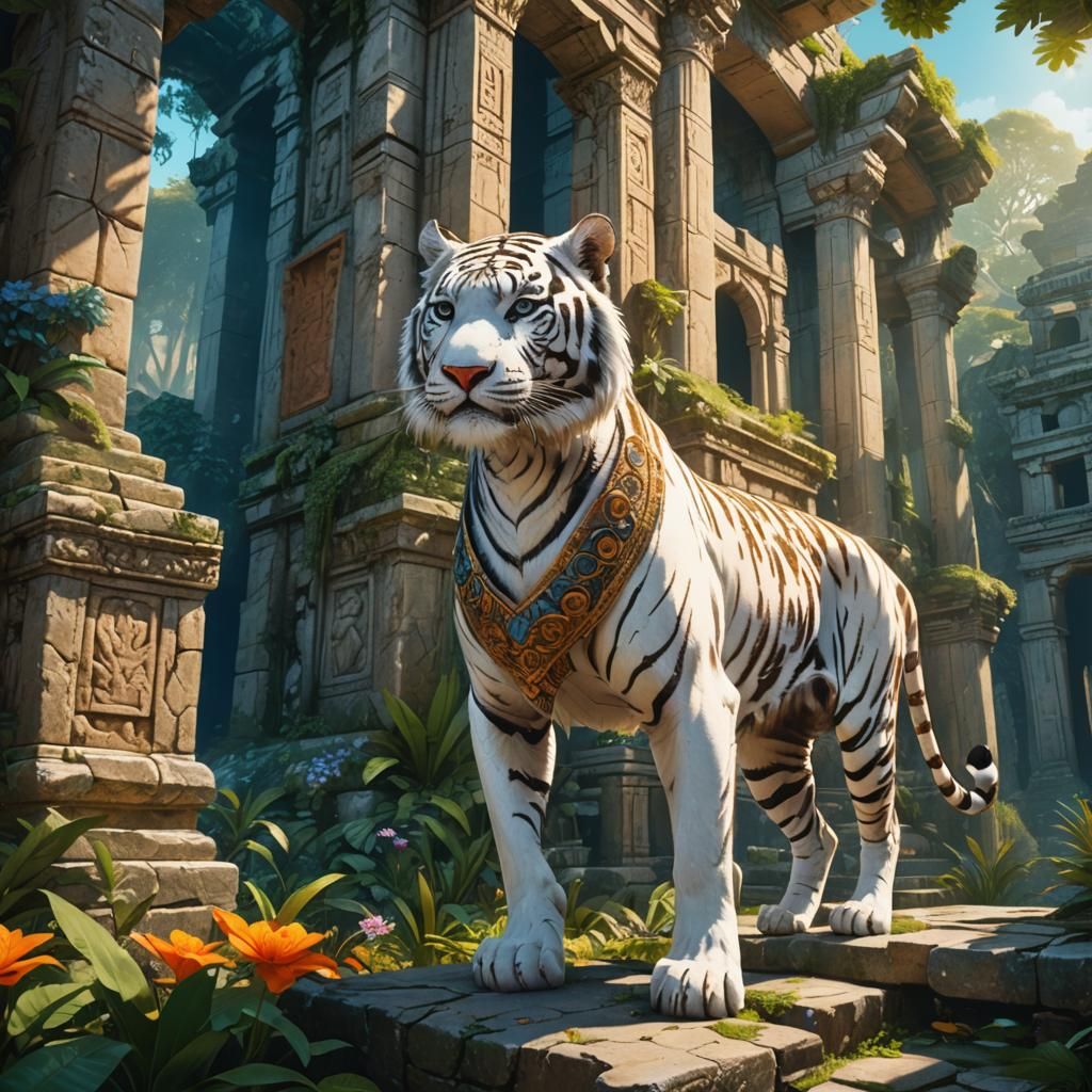White Tiger and Girl Explore Ancient Ruins, Anime Style