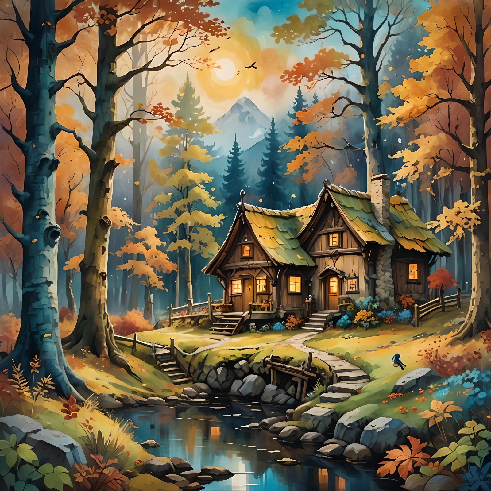 Magical Autumn Landscape with Austrian Cottage: Oil Painting