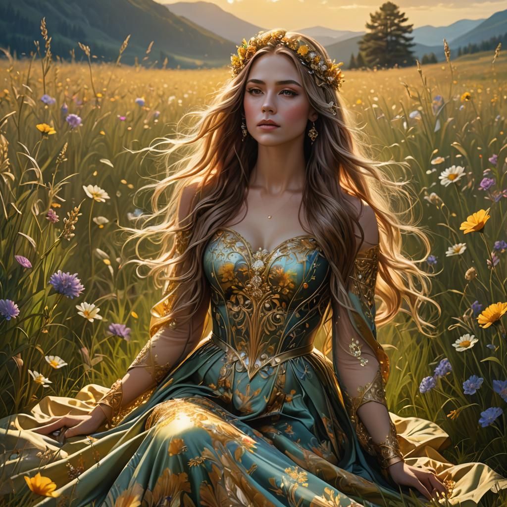 Goddess Kneeling in Meadow: Digital Matte Painting