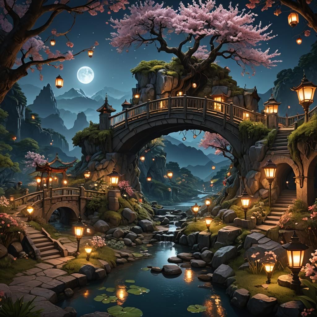 Nighttime Mountain Top Garden in Detailed Digital Art