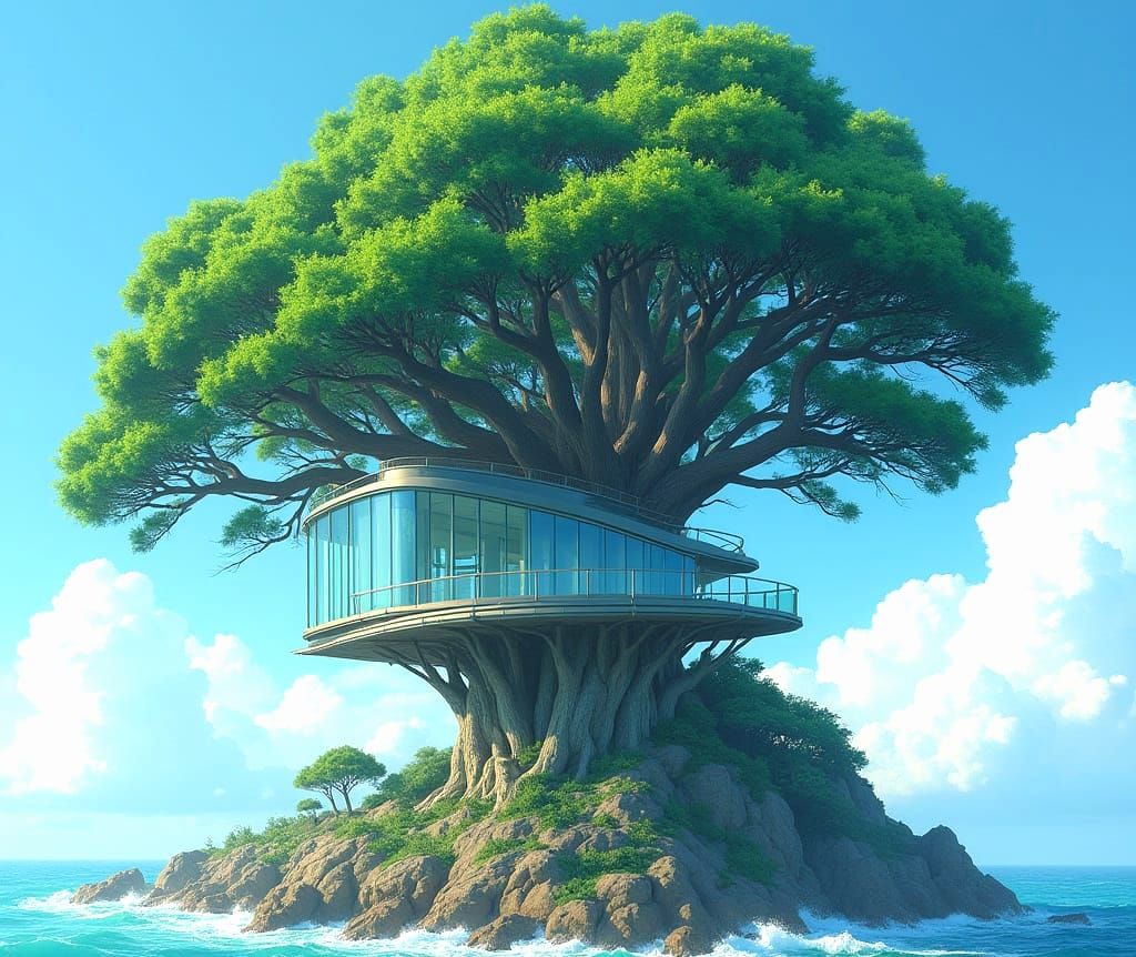 Enchanted Oak Treehouse Amidst Pacific Waves