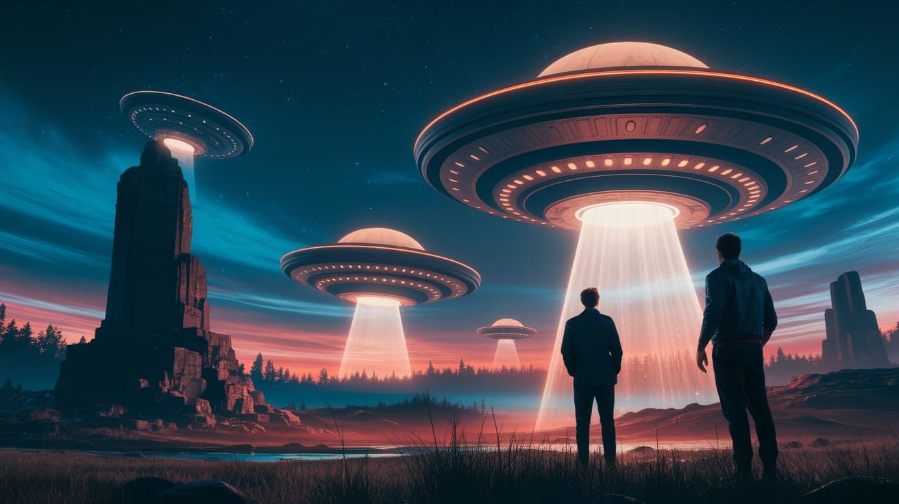 Mysterious Figures Gaze at UFOs Amidst Ancient Ruins in Star...