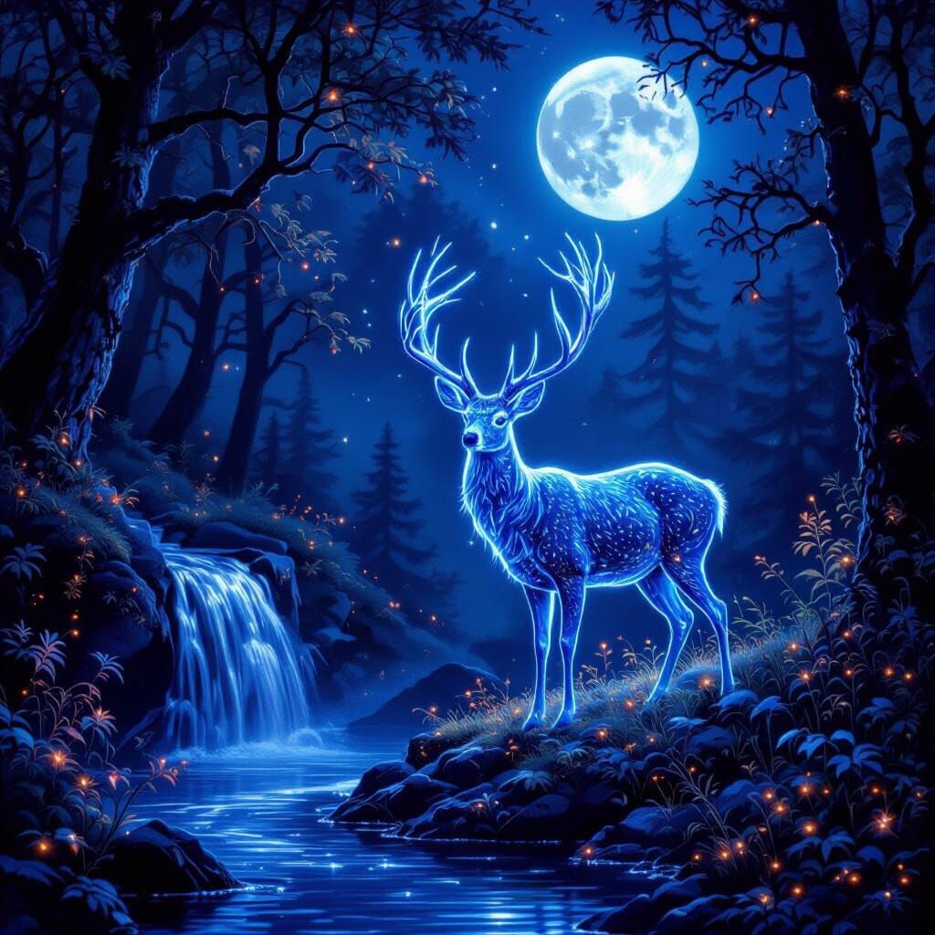 Bioluminescent Deer in Magical Forest at Night