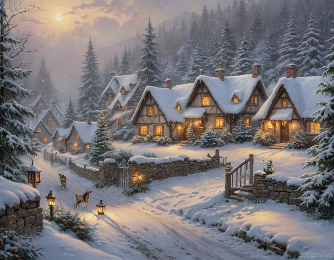 Whimsical Village in Snowy Evergreen Forest