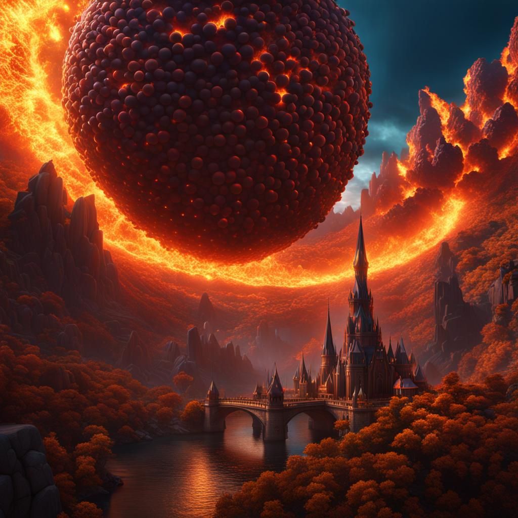 Fiery Orbs in a Detailed Matte Painting