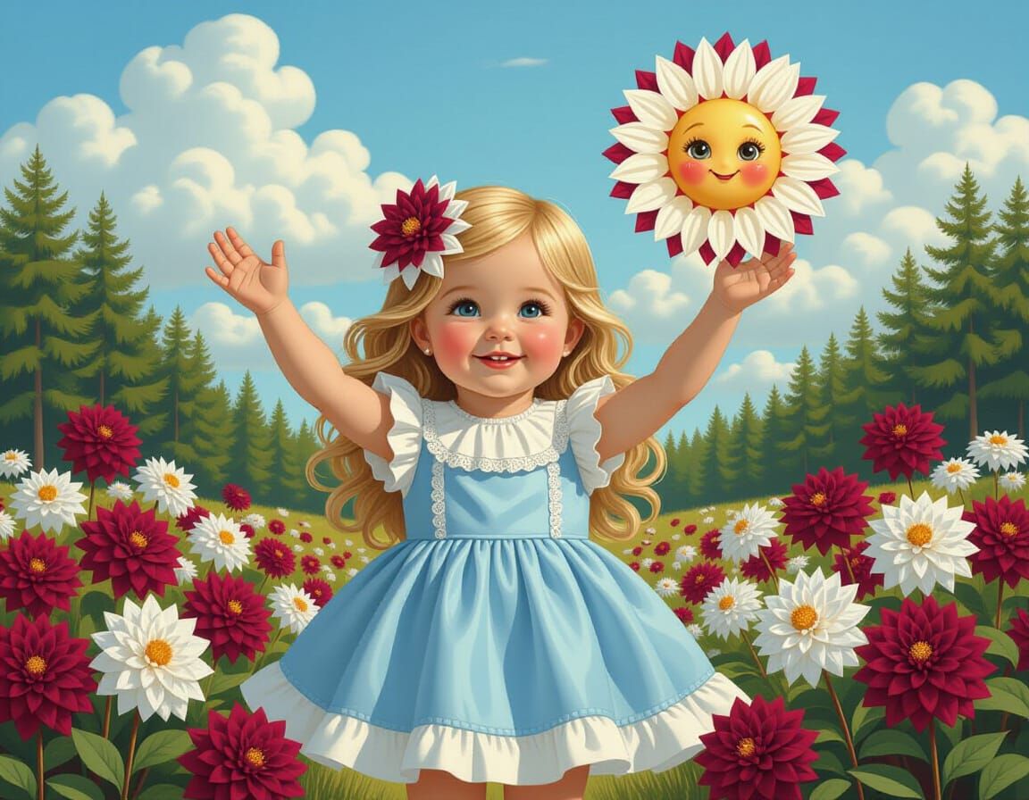Girl Holding Sun in Dahlia Field as Diamond Painting