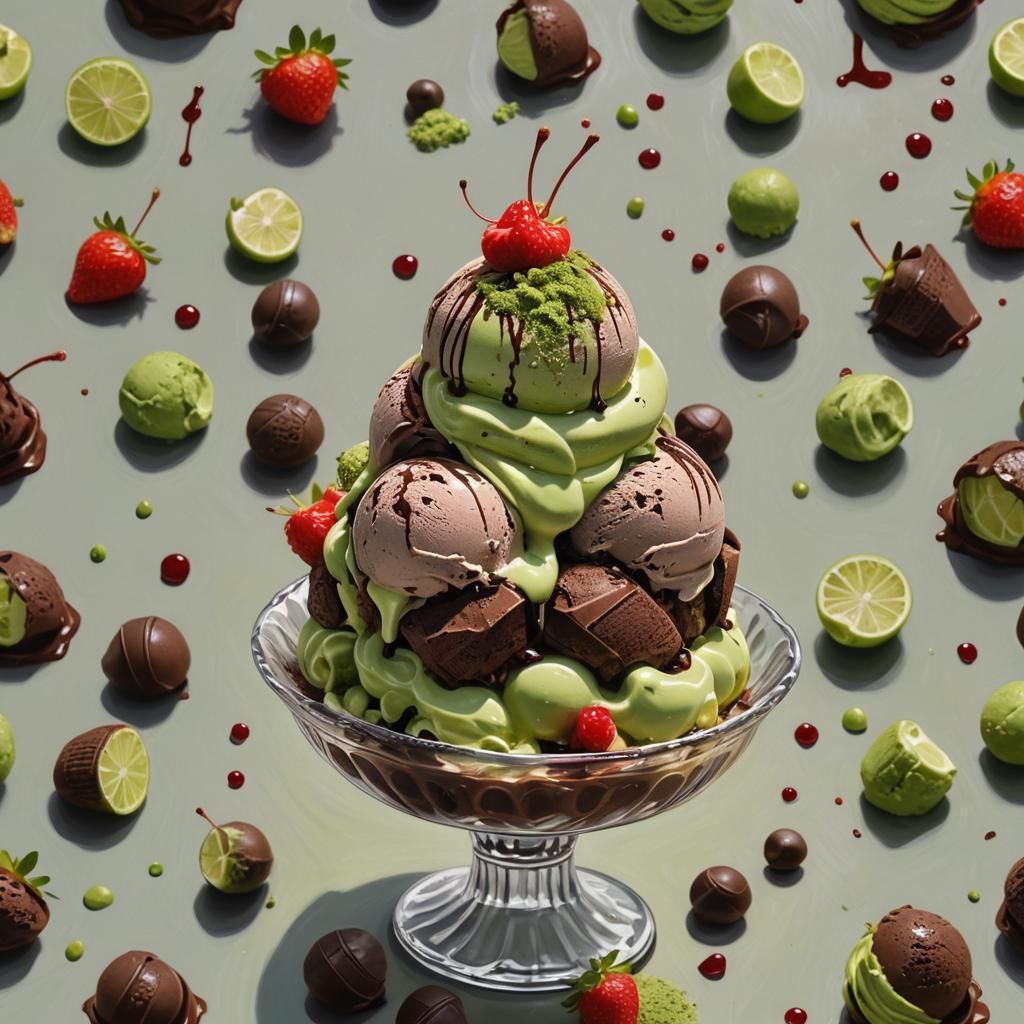 Chocolate Ice Cream with Matcha and Fruit