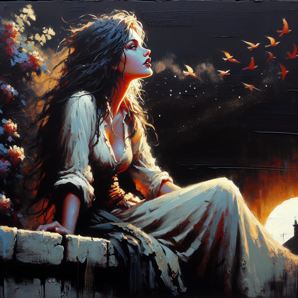 Fantasy Concept Art of a Woman on Rooftop at Sunset