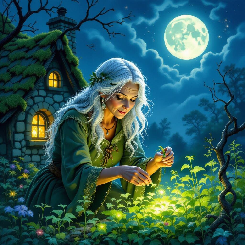 Ancient Witch Tends Magical Garden Under Twin Moons