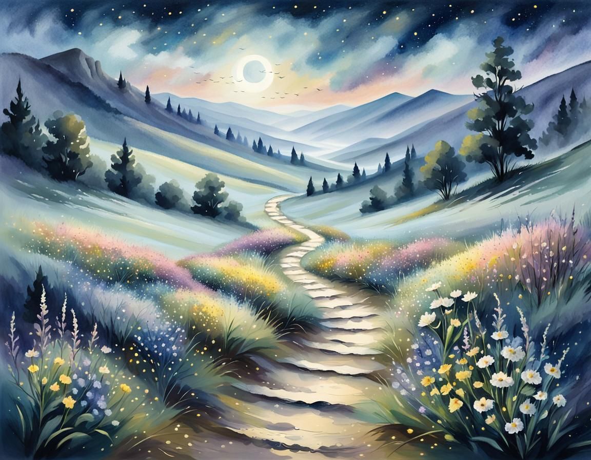 Impressionist Valley Landscape with Wildflowers in Moonlight
