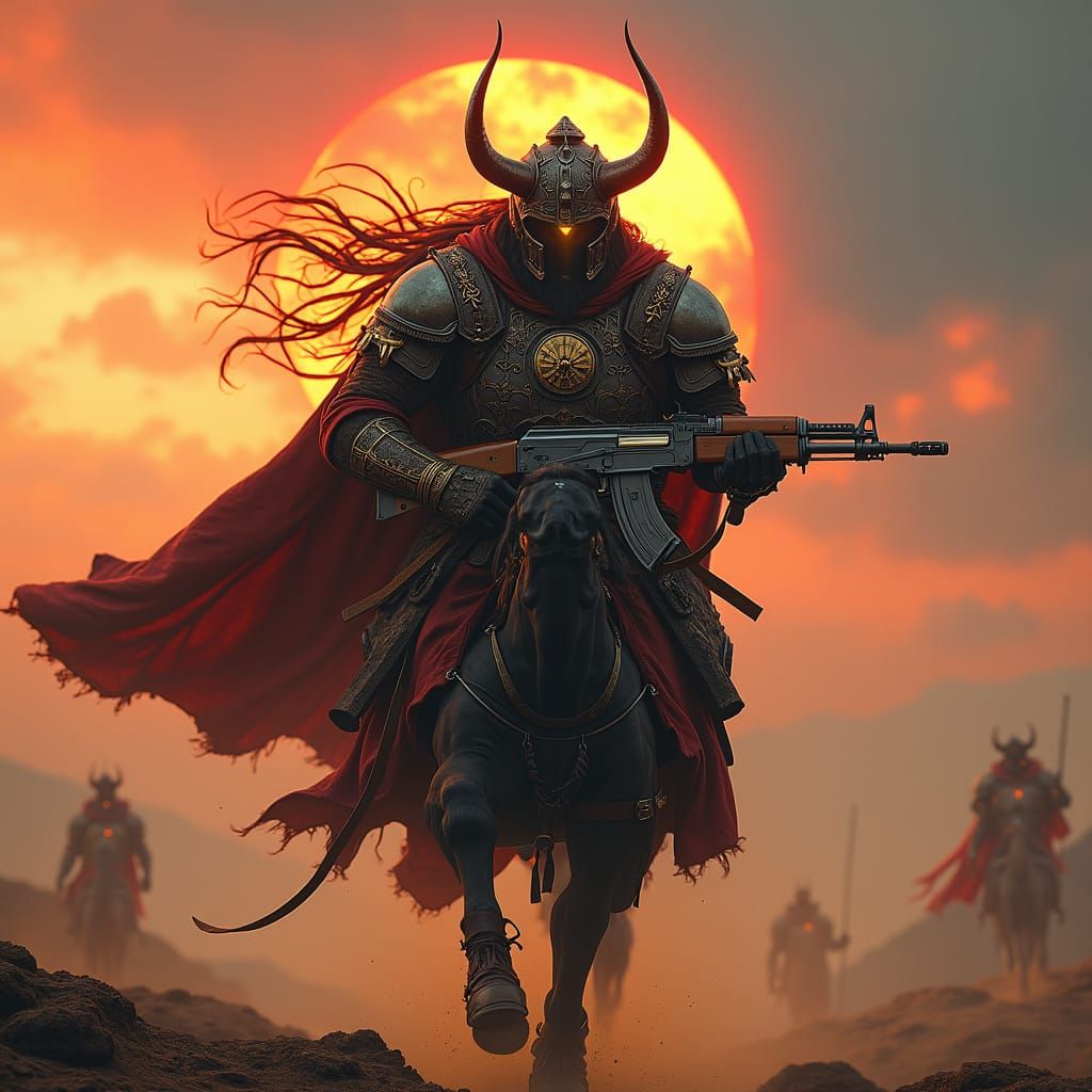 Medieval Mongol Warrior with AK-47 in Fantasy Landscape